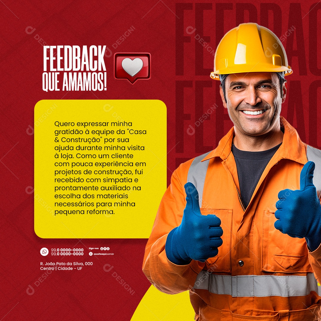 Loja de Materiais de Construção Feedback que Amamos Social Media PSD Editável