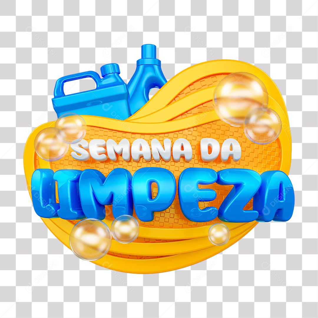 Semana da Limpeza Selo 3D Amarelo e Azul para Composição PNG Transparente