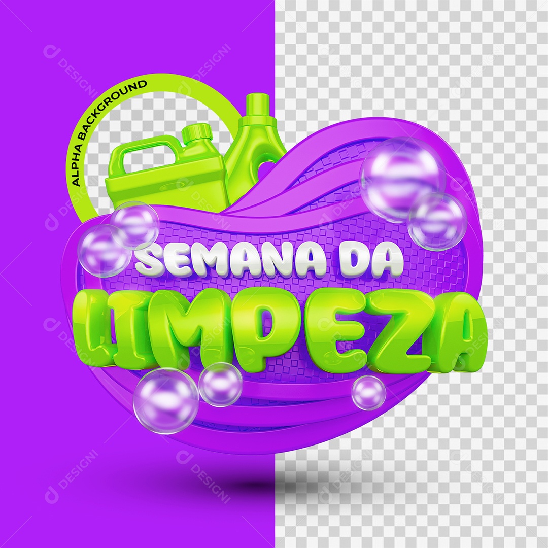 Semana da Limpeza Selo 3D Roxo e Verde para Composição PSD