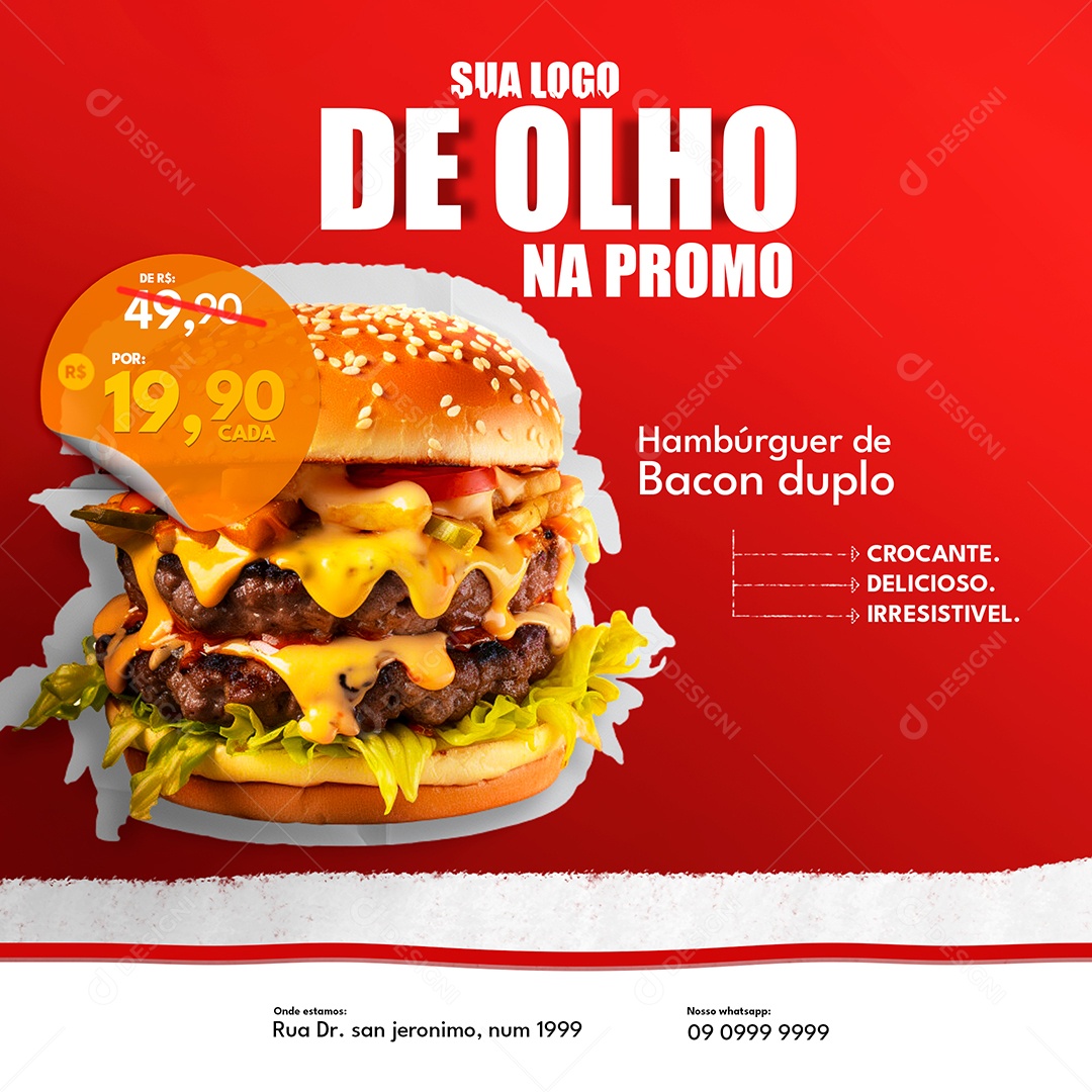 Hamburgueria De Olho na Promo Hambúrguer de Bacon Duplo Social Media PSD Editável