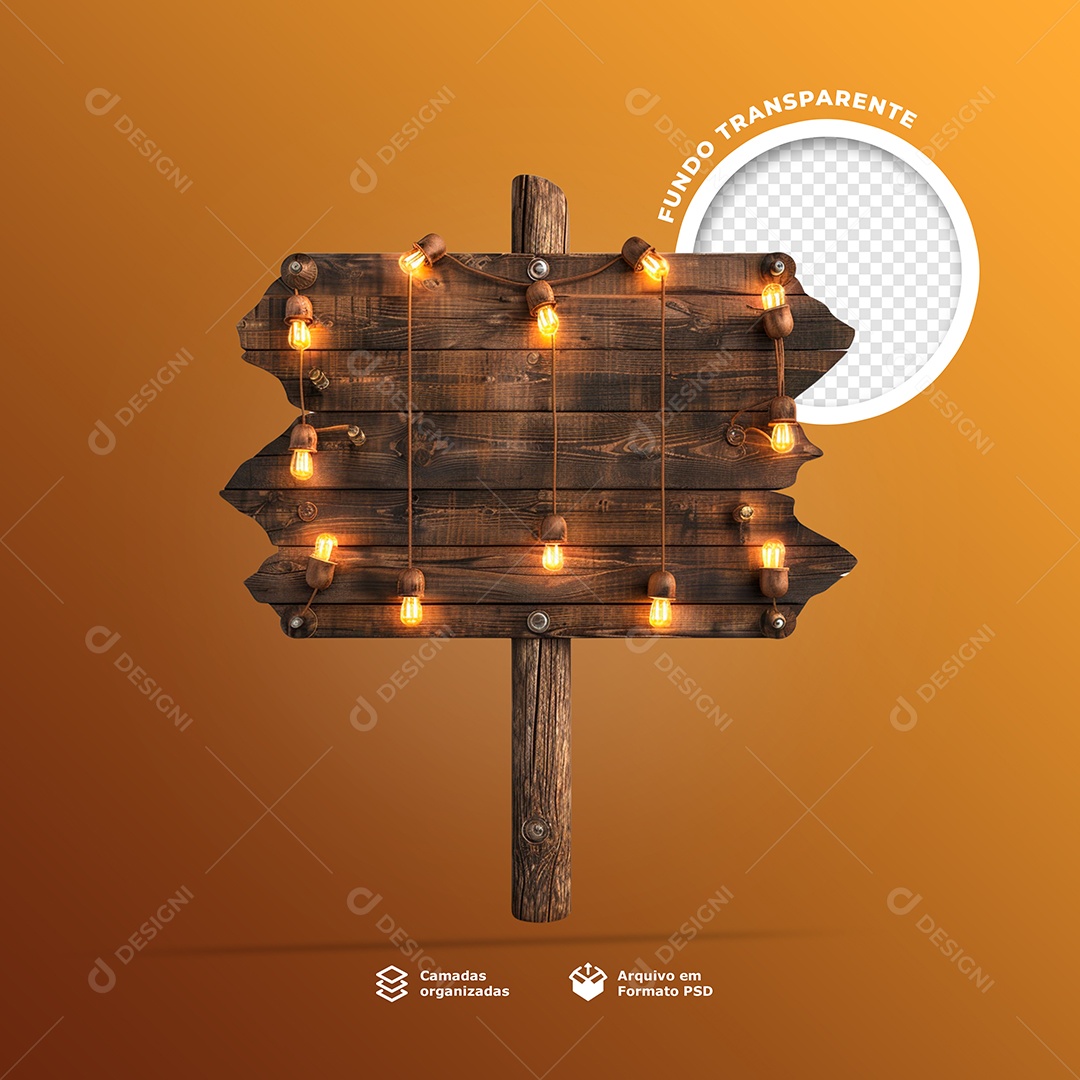 Placa de Madeira 3D com Luzes Elemento para Composição PSD