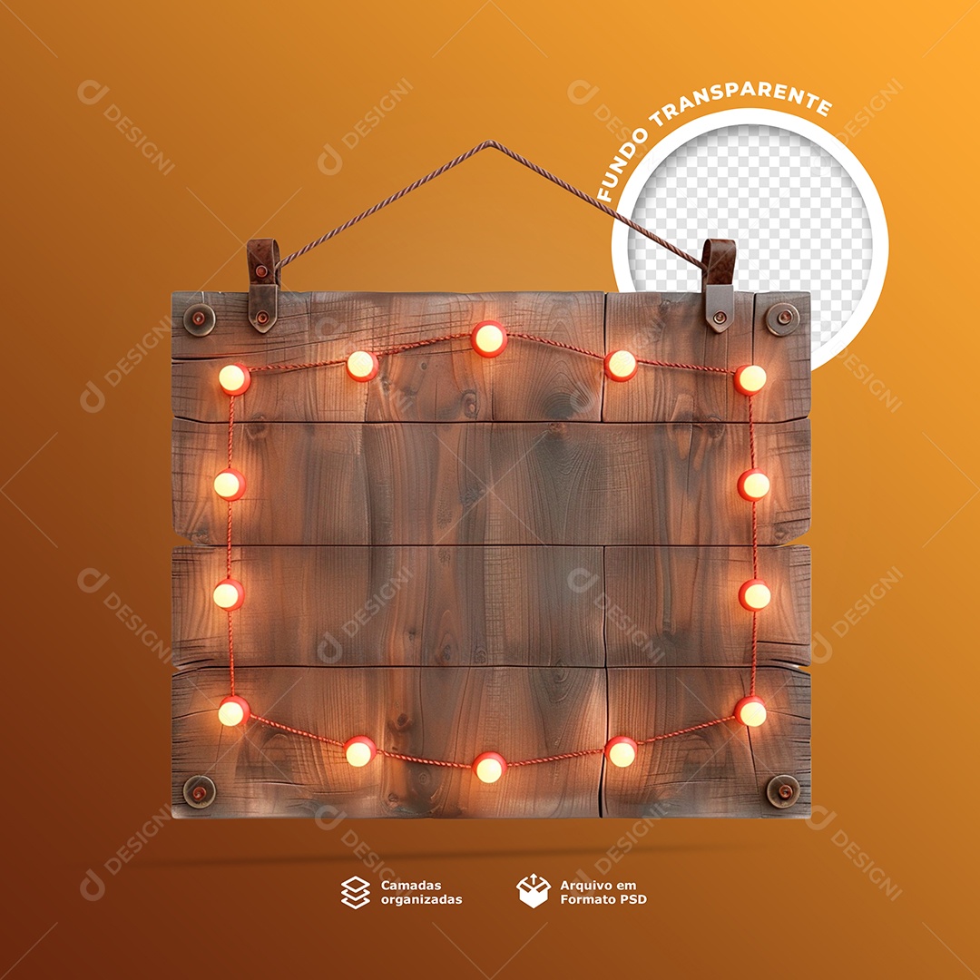Elemento 3D Placa de Madeira com Luzes para Composição PSD