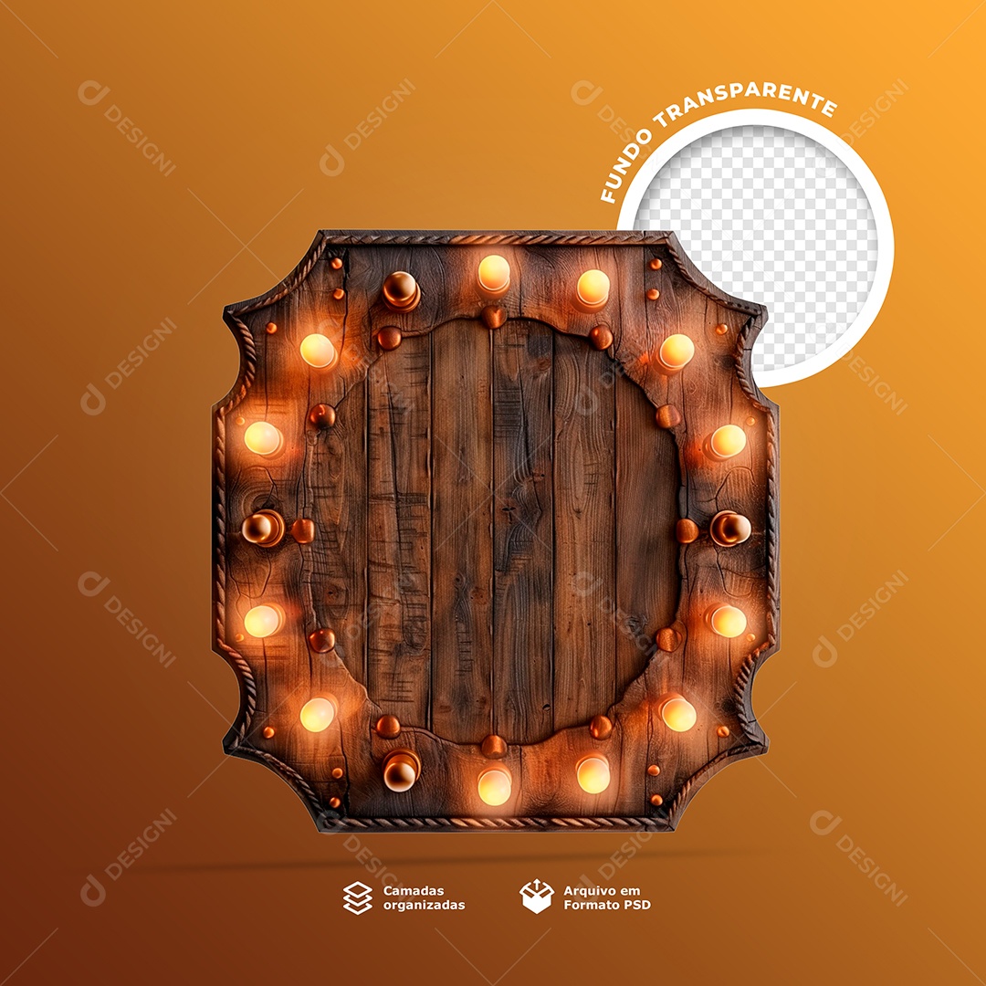 Elemento 3D Placa de Madeira com Luzes para Composição PSD