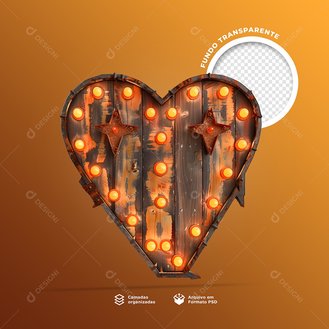 Elemento 3D Placa de Madeira em Forma de Coração com Luzes para Composição PSD