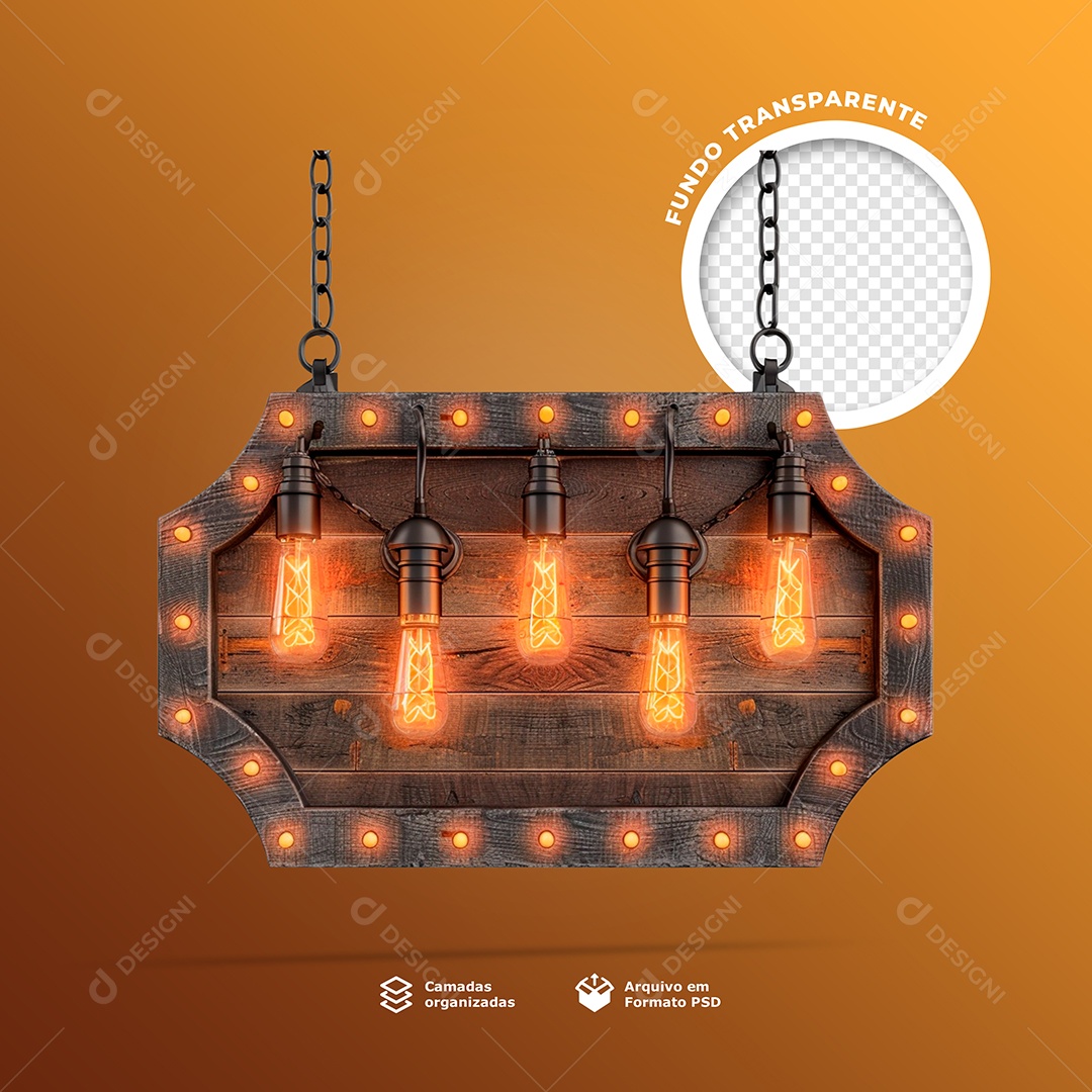 Elemento 3D Placa de Madeira com Luzes para Composição PSD
