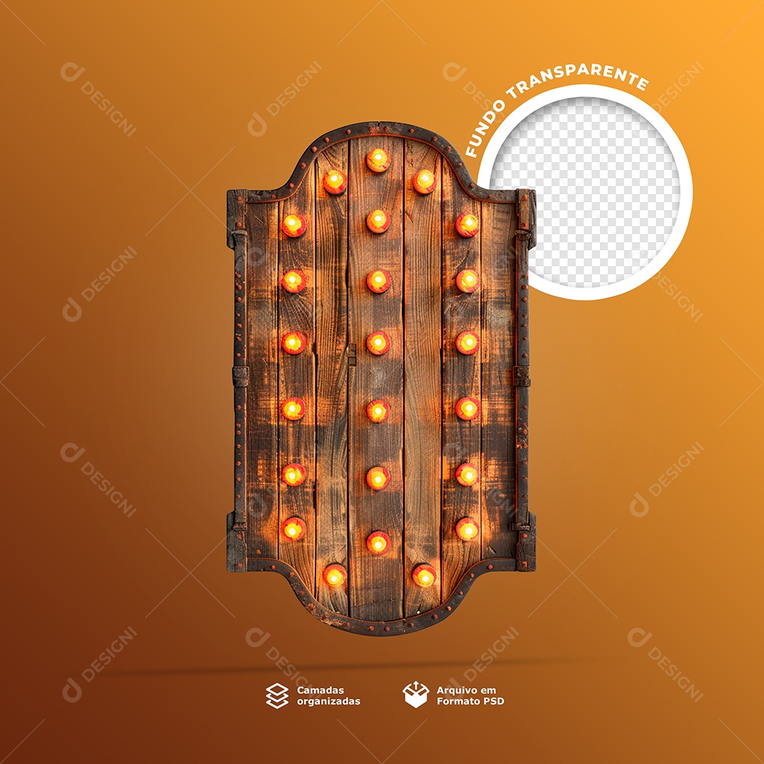 Elemento 3D Placa de Madeira com Luzes para Composição PSD