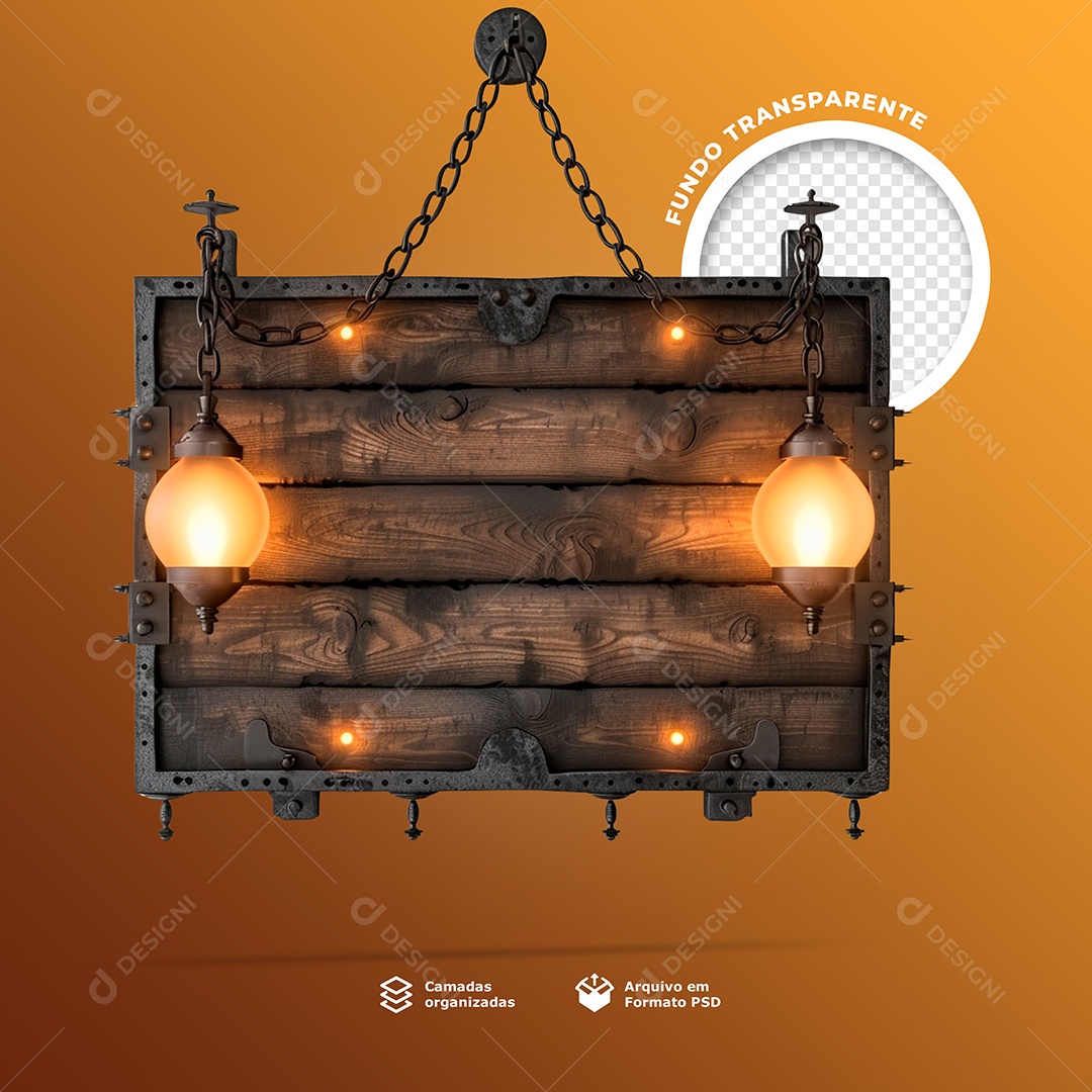 Elemento 3D Placa de Madeira com Luzes para Composição PSD