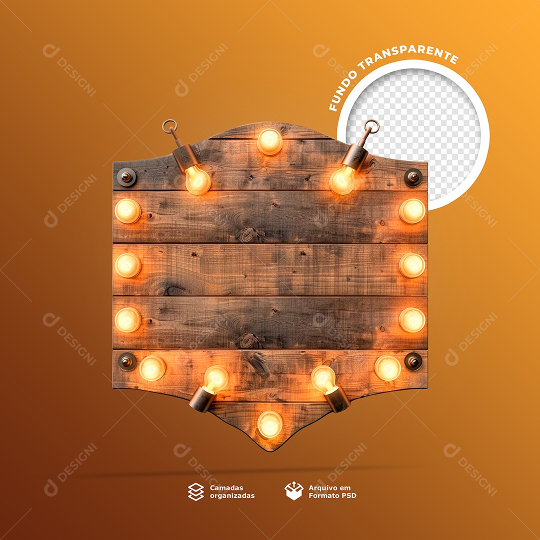 Elemento 3D Placa de Madeira com Luzes para Composição PSD