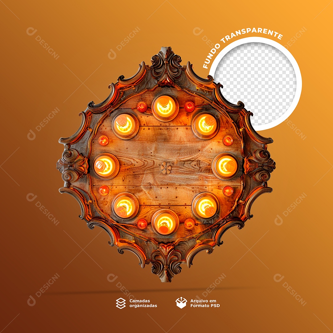 Elemento 3D Painel de Madeira com Luzes para Composição PSD