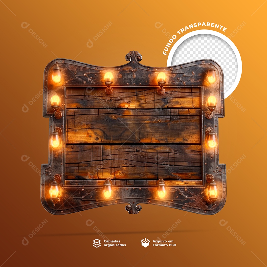 Elemento 3D Placa de Madeira com Luzes para Composição PSD