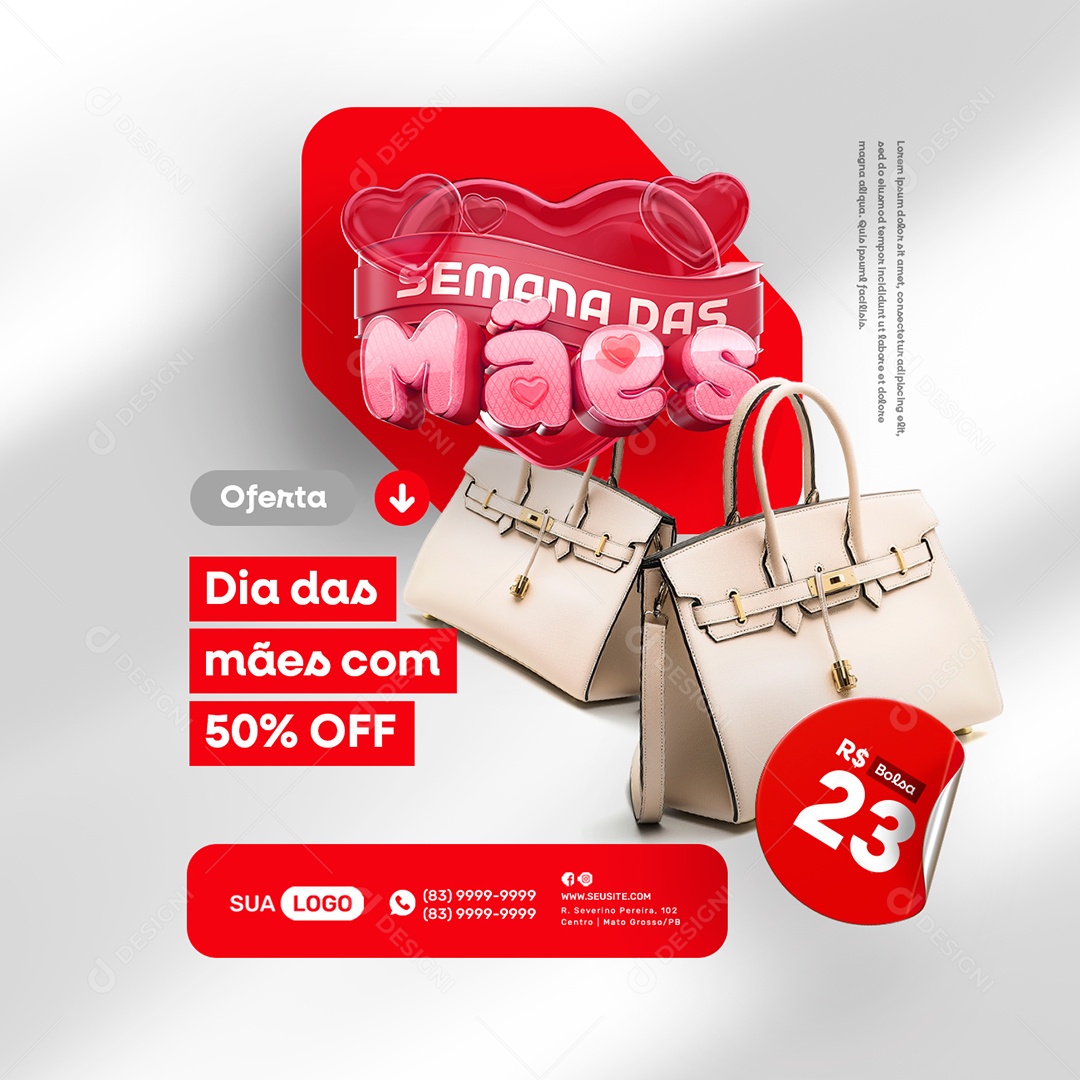 Semana das Mães Bolsa Oferta Dia das Mães com 50% Off Social Media PSD Editável