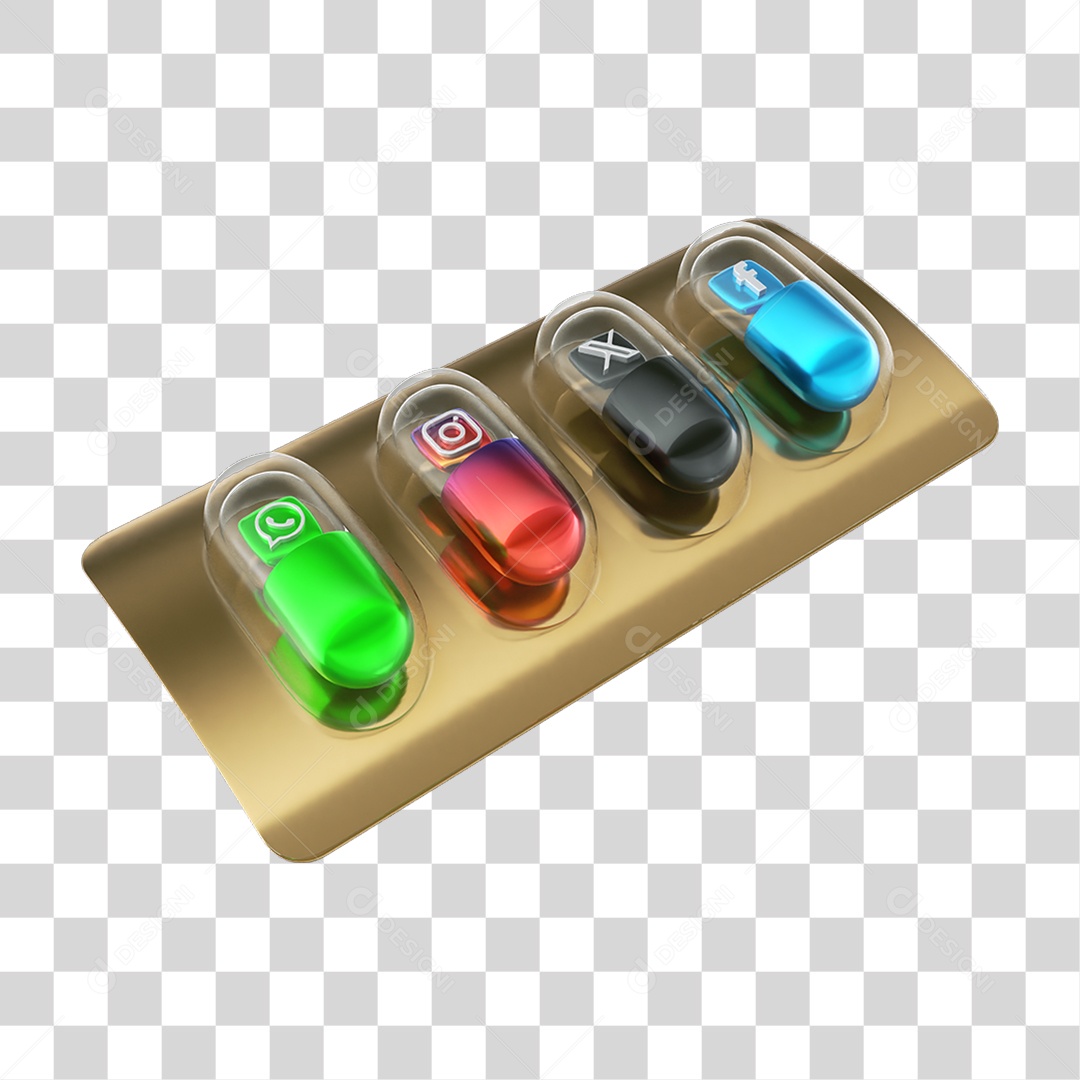 Elemento 3D Embalagem de Medicamento com Redes Sociais PNG Transparente