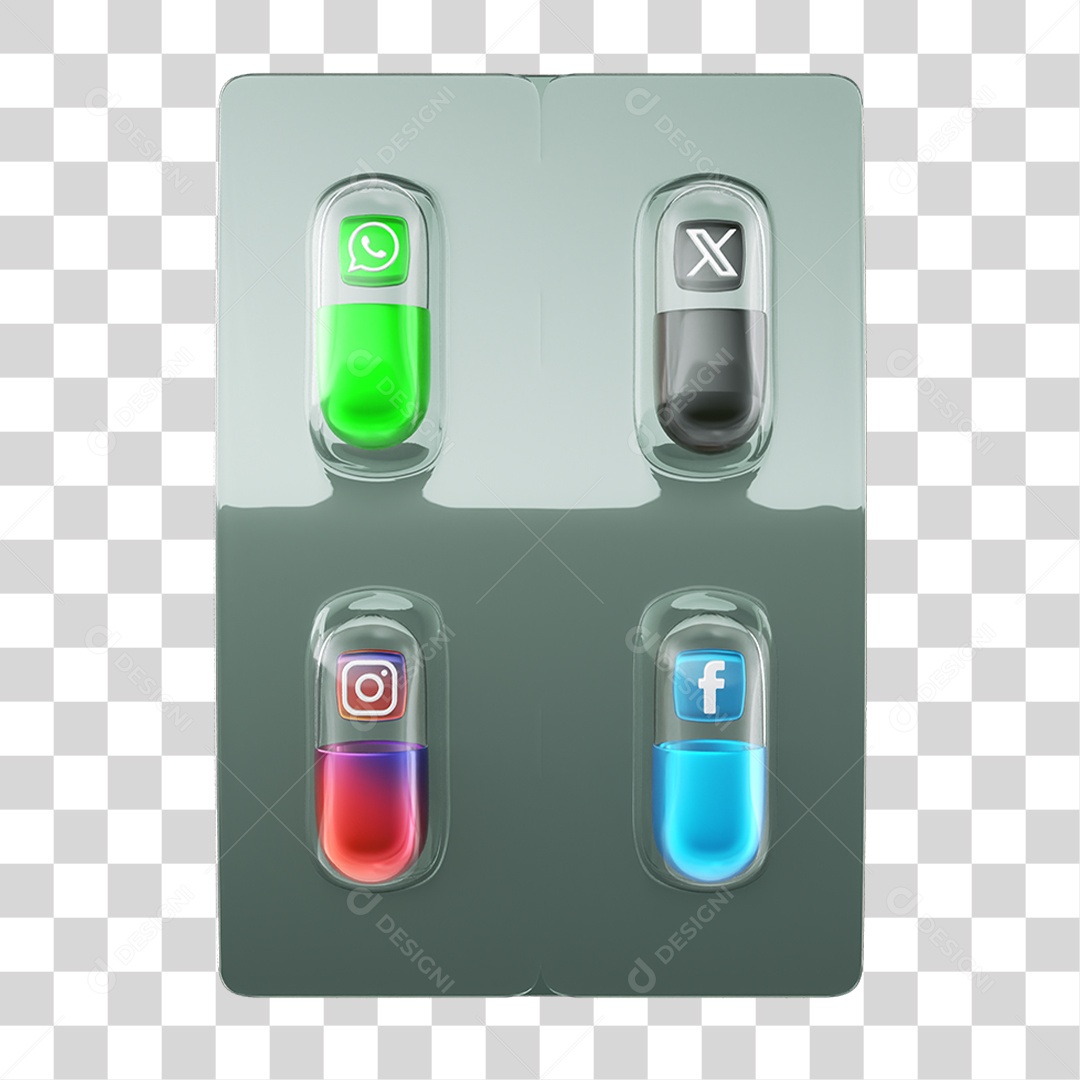 Elemento 3D Embalagem de Comprimidos com Símbolos Instagram WhatsApp Twitter Facebook PNG Transparente