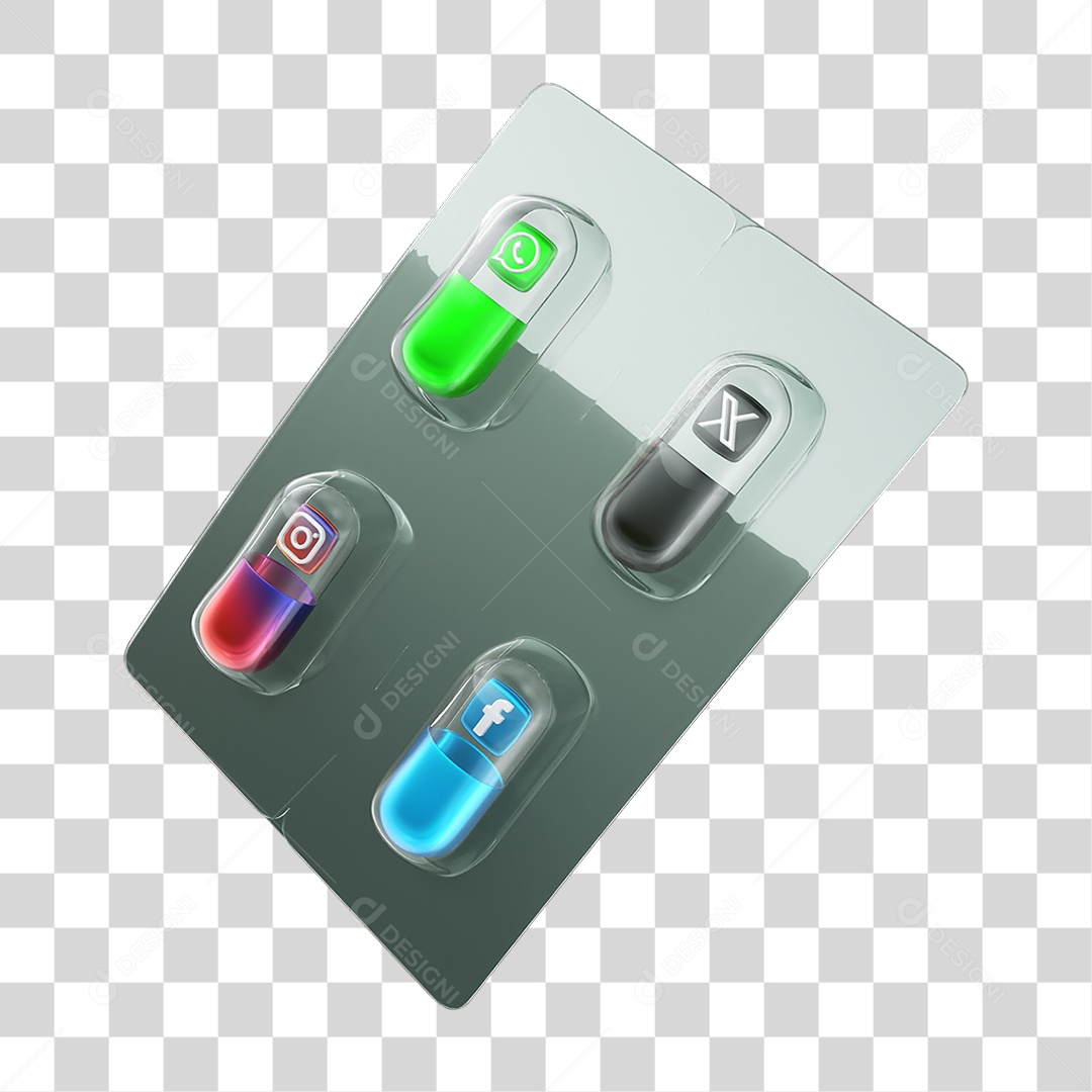 Elemento 3D Embalagem de Comprimidos com Símbolos Instagram WhatsApp Twitter Facebook PNG Transparente