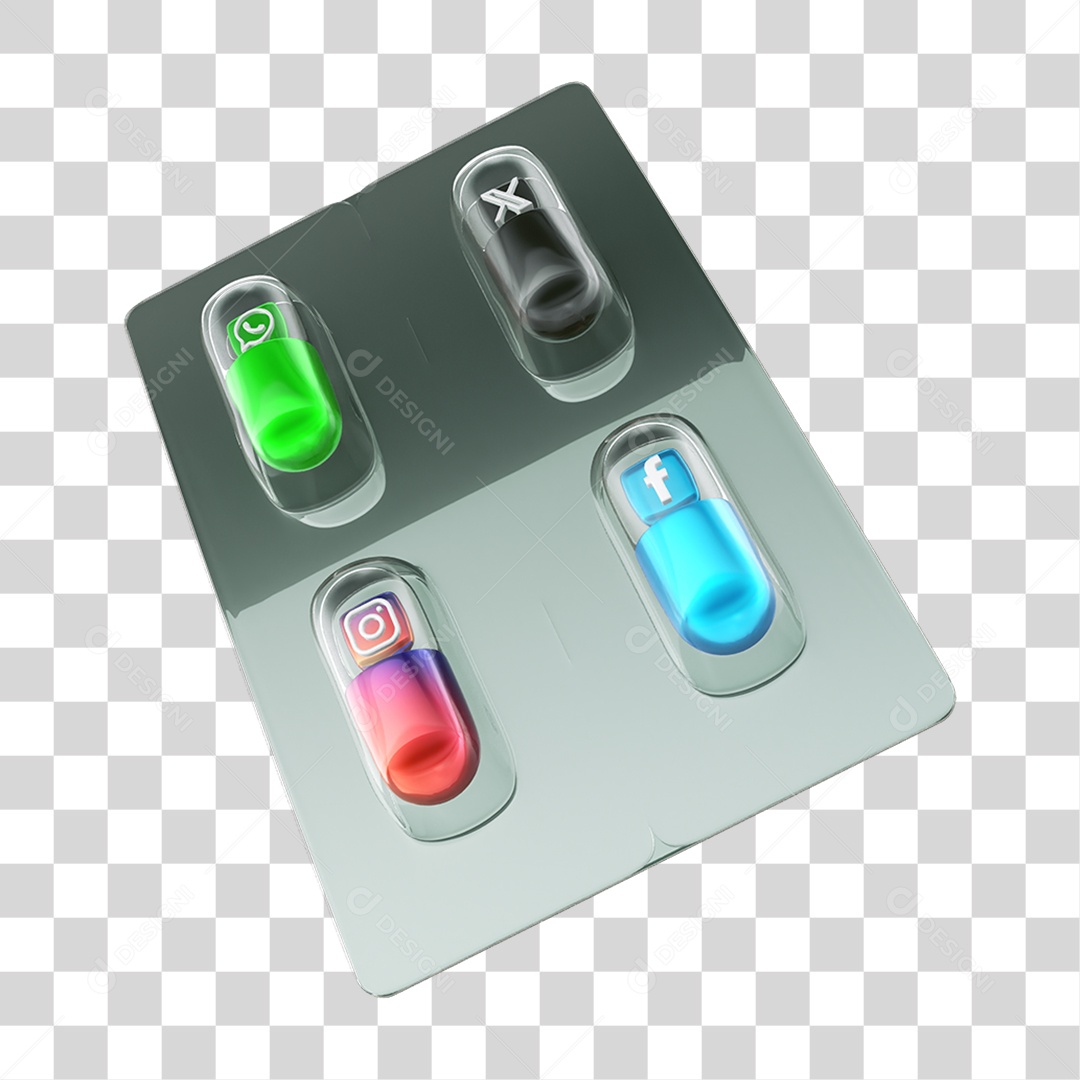 Elemento 3D Embalagem de Comprimidos com Símbolos Instagram WhatsApp Twitter Facebook PNG Transparente