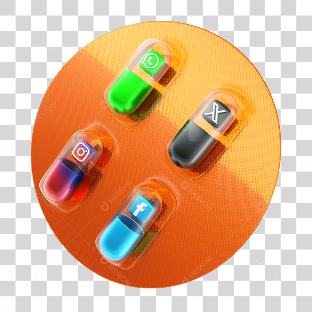 Elemento 3D Embalagem de Comprimidos com Símbolos Instagram WhatsApp Twitter Facebook PNG Transparente