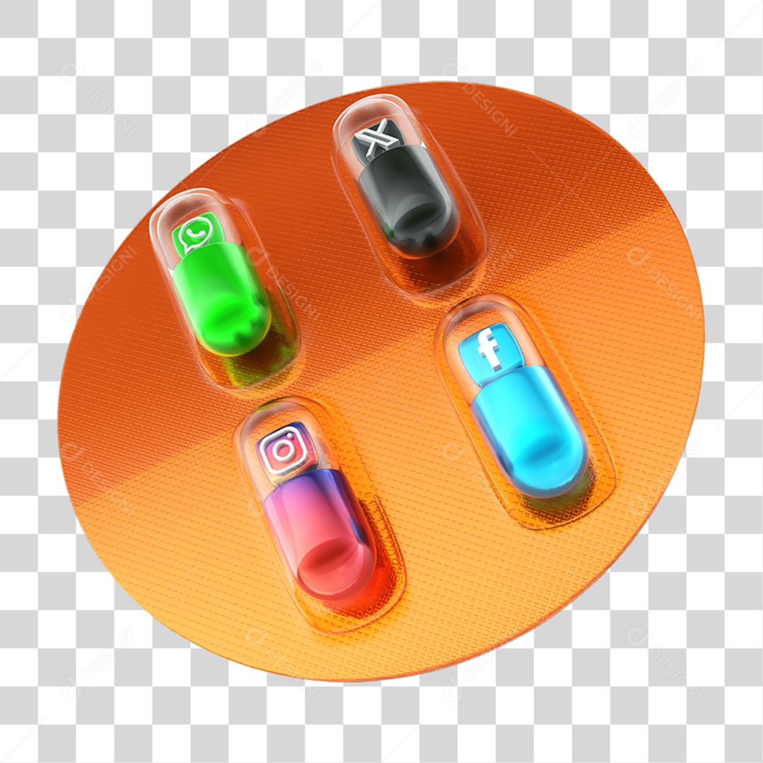Elemento 3D Embalagem de Comprimidos com Símbolos Instagram WhatsApp Twitter Facebook PNG Transparente