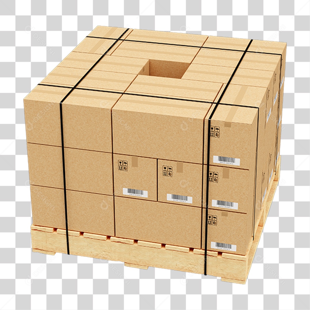 Elemento 3D Palete de Madeira com Caixa de Mercadorias PNG Transparente