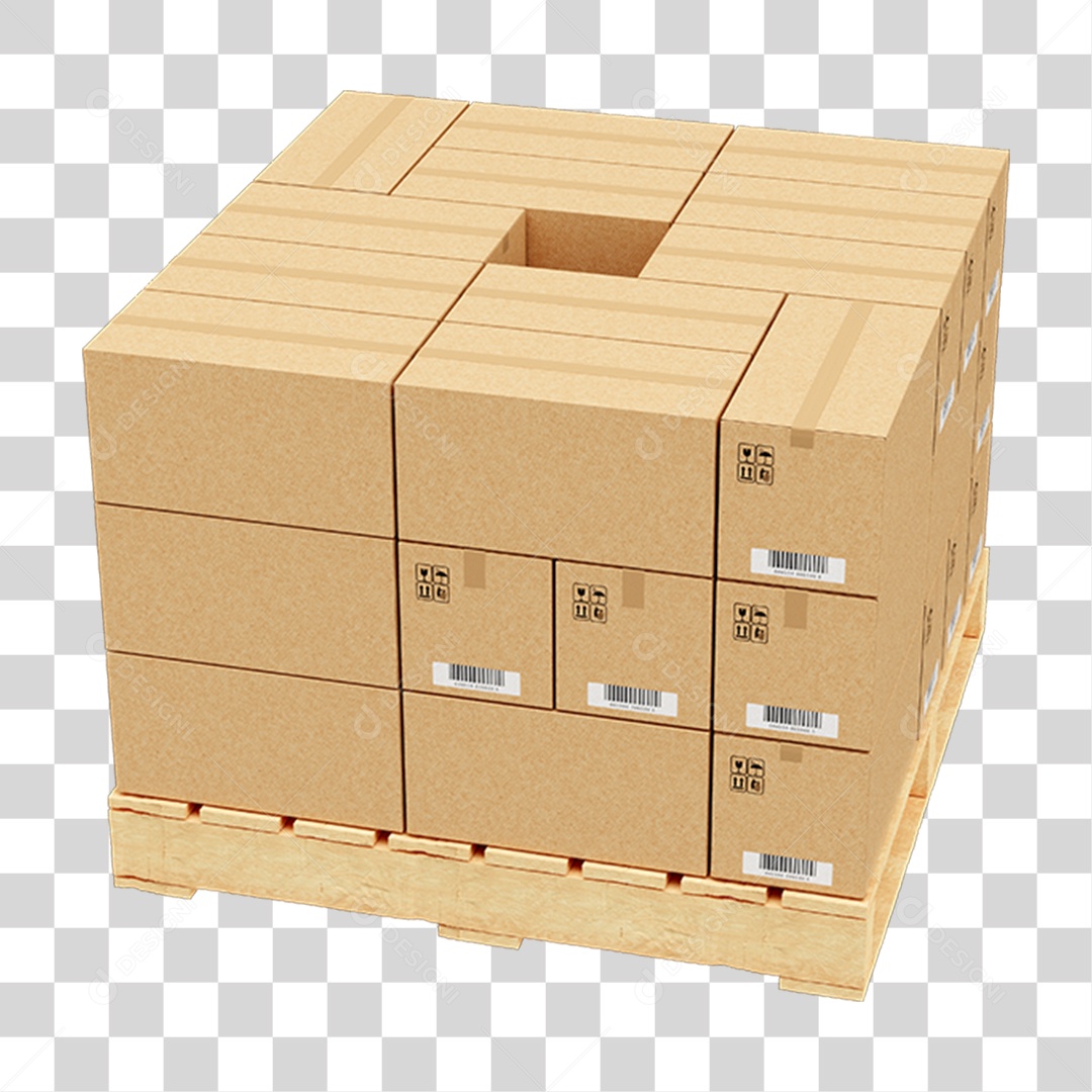 Elemento 3D Palete de Madeira com Caixa de Mercadorias PNG Transparente