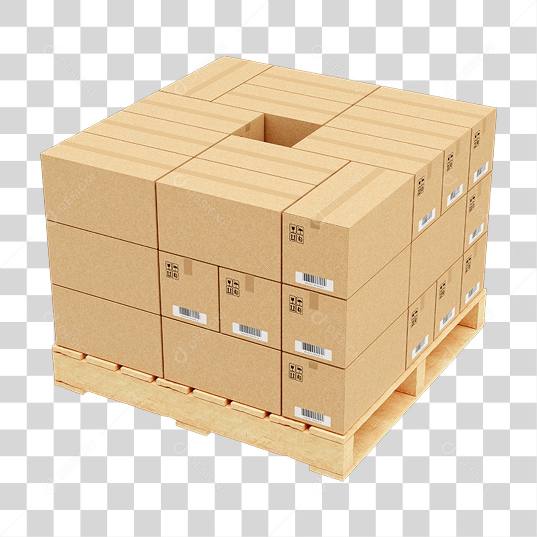 Elemento 3D Palete de Madeira com Caixa de Mercadorias PNG Transparente