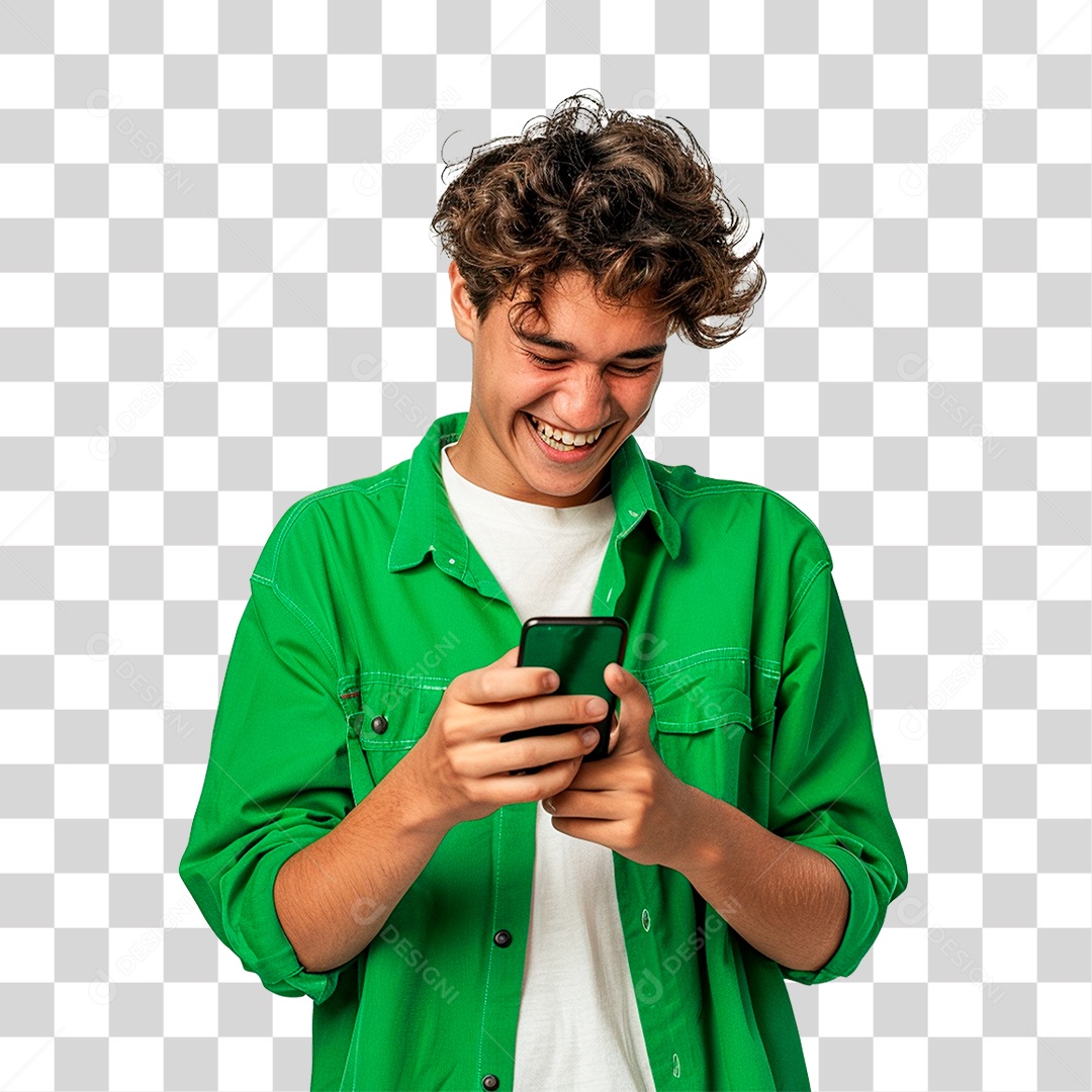 Homem de Camisa Verde com Celular nas Mãos PNG Transparente