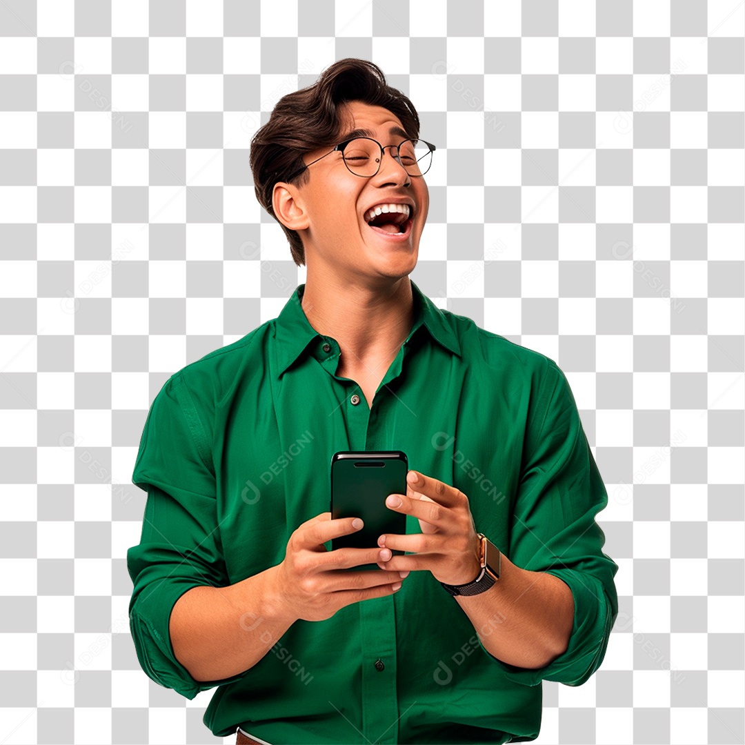 Homem de Camisa Verde com Celular nas Mãos PNG Transparente