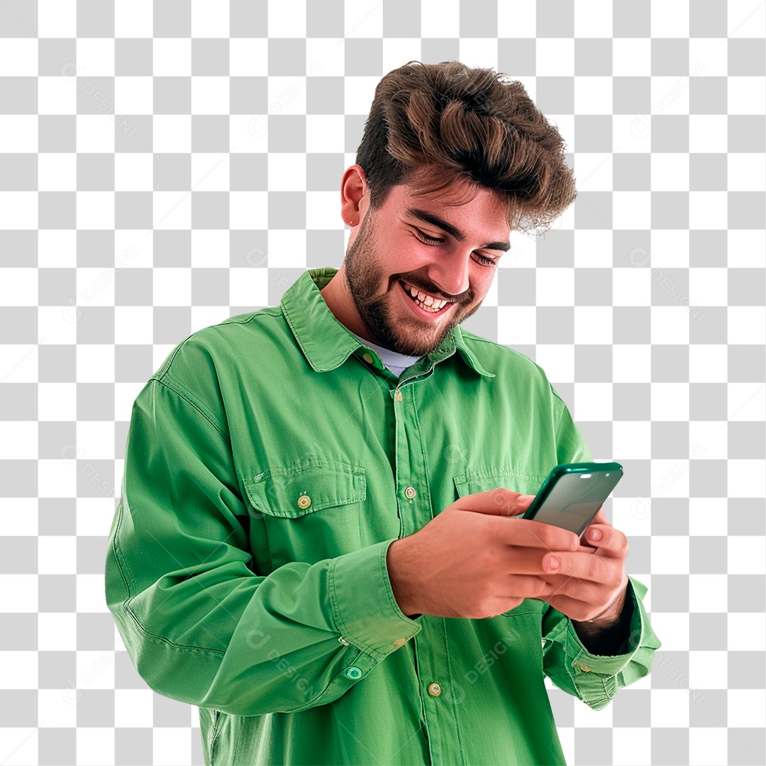 Homem de Camisa Verde com Celular nas Mãos PNG Transparente