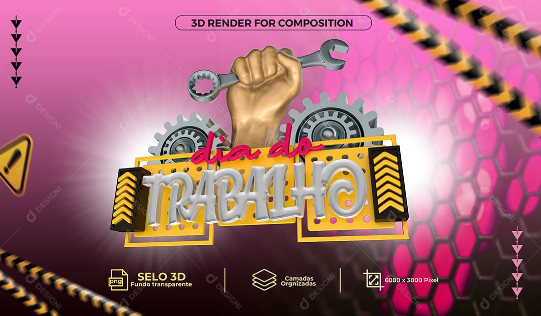 Dia do Trabalho Selo 3D Rosa Branco para Composição PSD