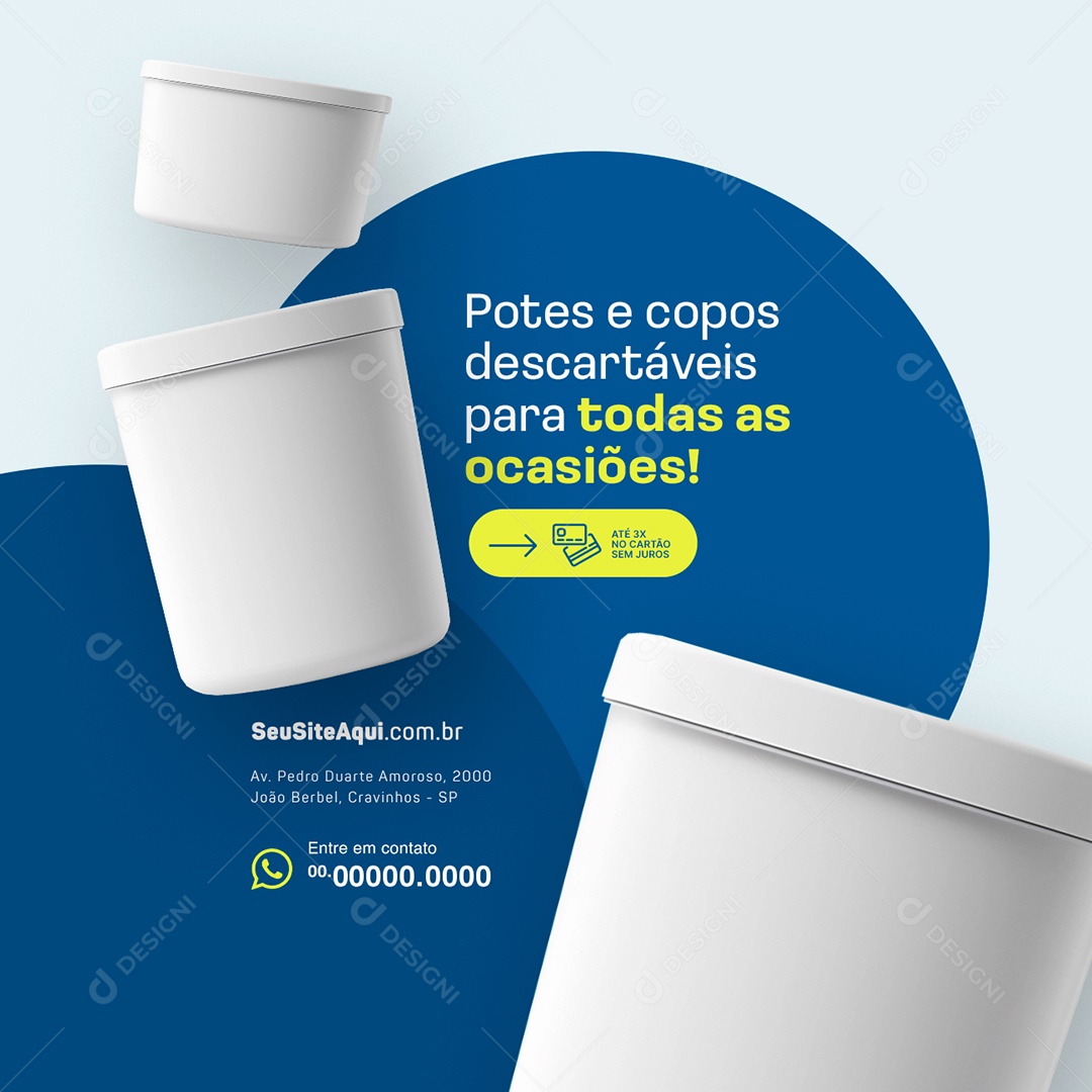 Embalagens Potes e Copos Descartáveis para Todas as Ocasiões Social Media PSD Editável