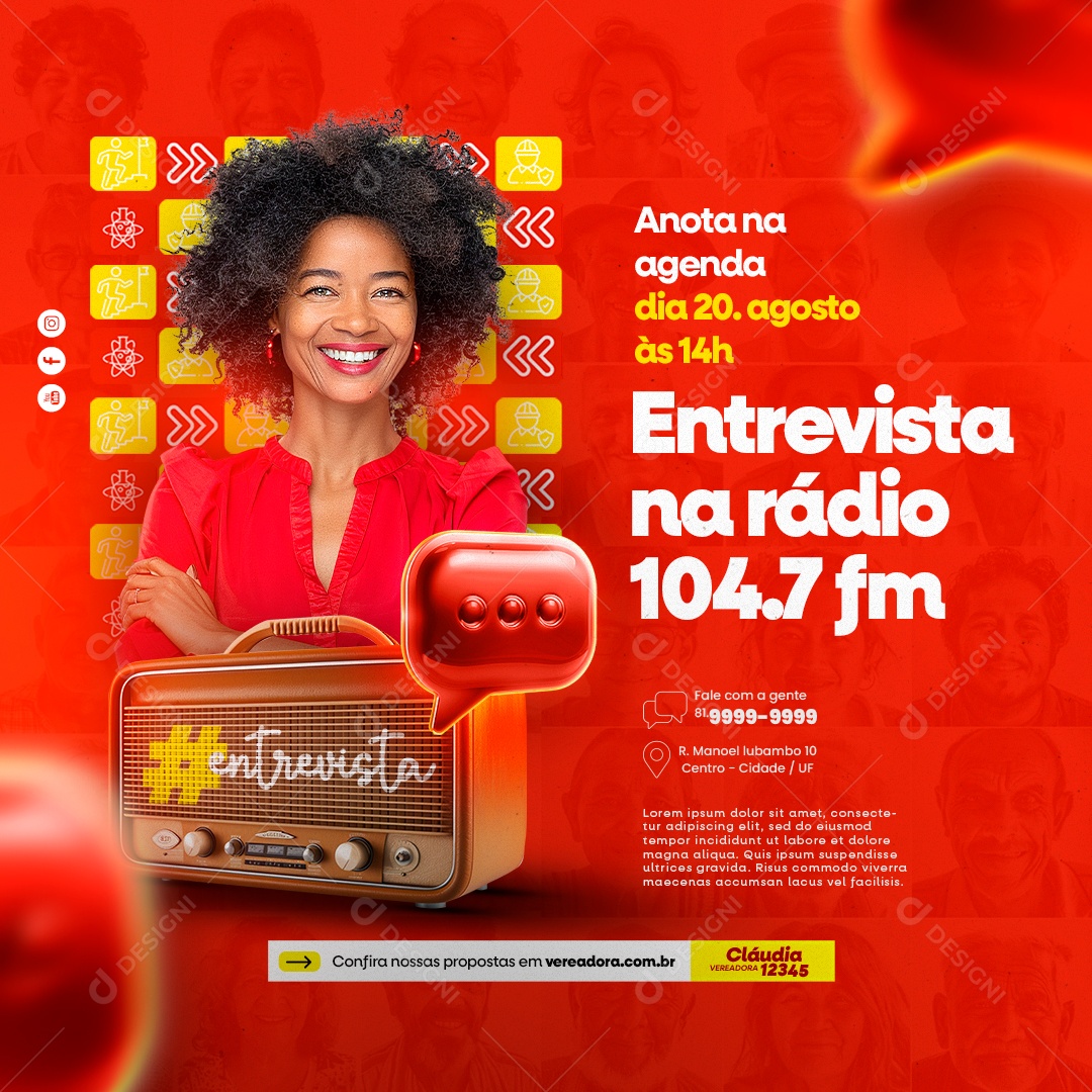 Anota na Agenda Dia 20 de Agosto as 14H Entrevista na Rádio 104.7 FM Social Media PSD Editável