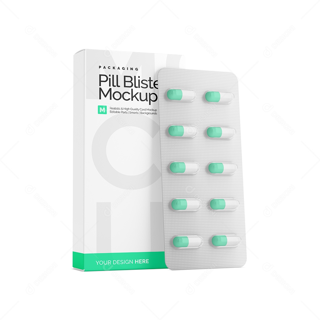 Caixa com Cartela de Remédio Mockup PSD Editável