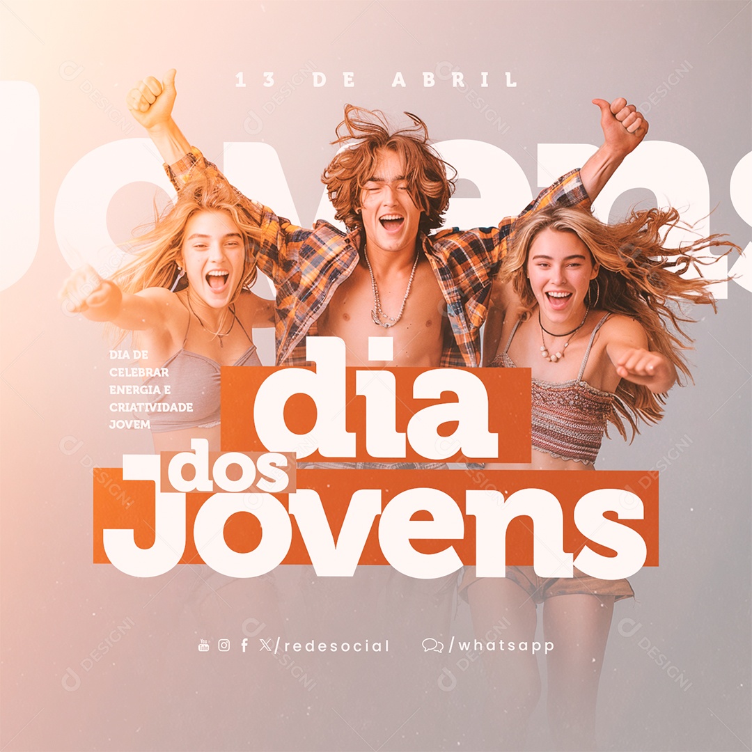 Dia dos Jovens 13 de Abril Celebrar Energia e Criatividade Social Media PSD Editável