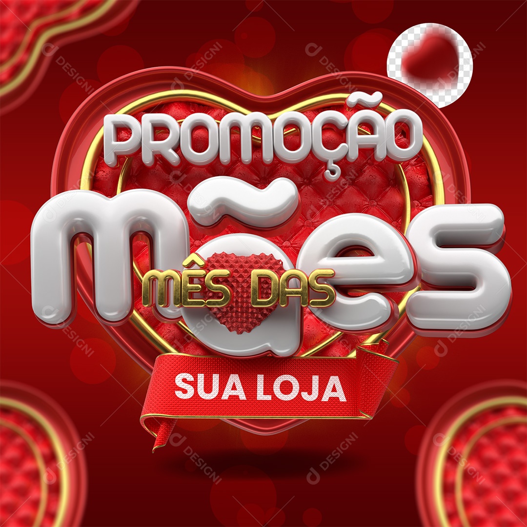 Promoção Mês das Mães Selo 3D Vermelho Dourado e Branco para Composição PSD