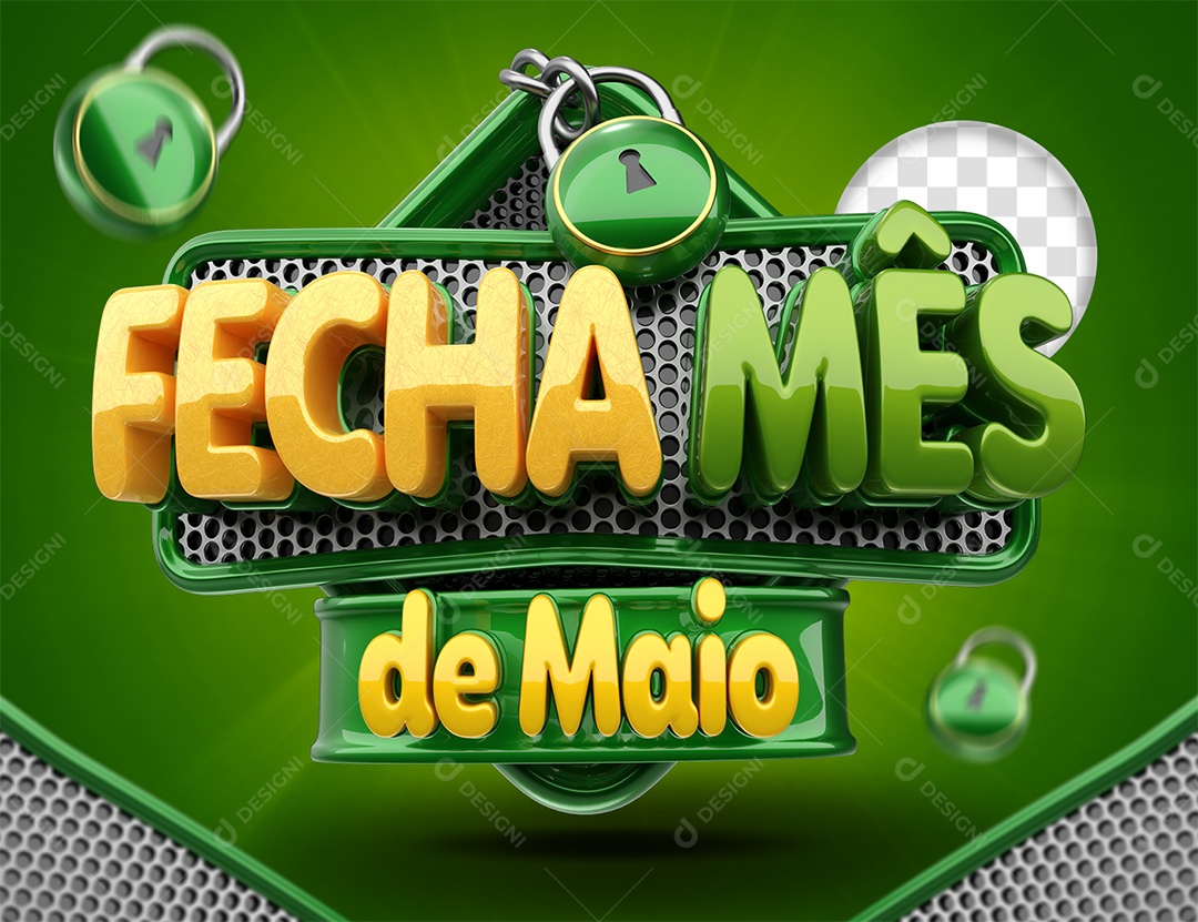 Selo 3D Fecha Mês de Maio Verde Amarelo e Branco para Composição PSD