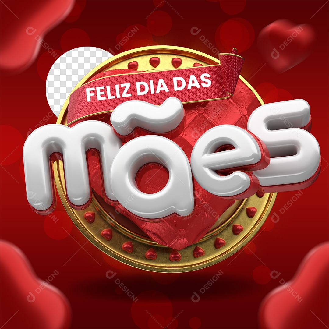 Feliz Dia das Mães Selo 3D Vermelho e Branco para Composição PSD