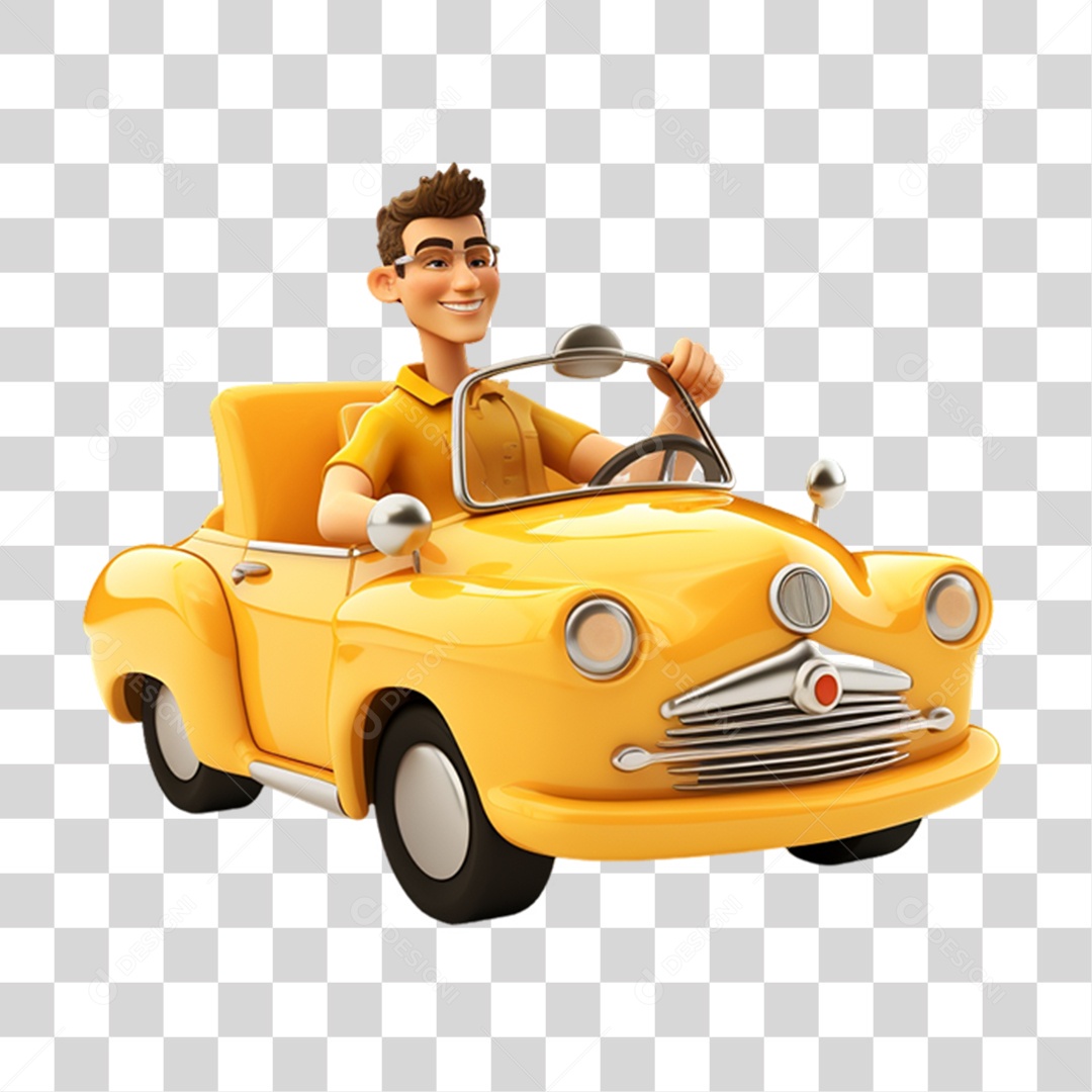 Homem em Carro Amarelo Elemento 3D PNG Transparente
