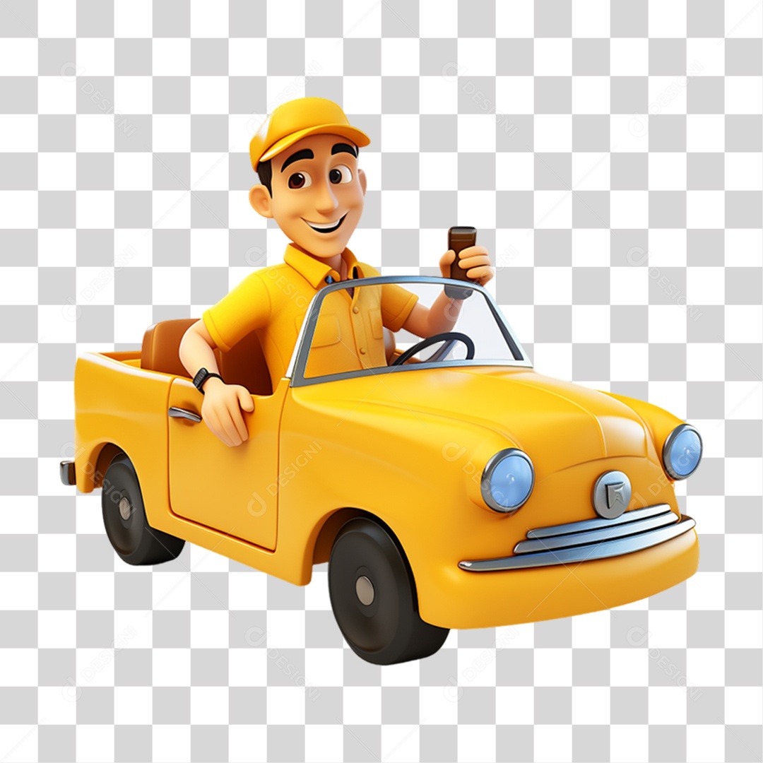 Homem em Carro Amarelo Elemento 3D PNG Transparente
