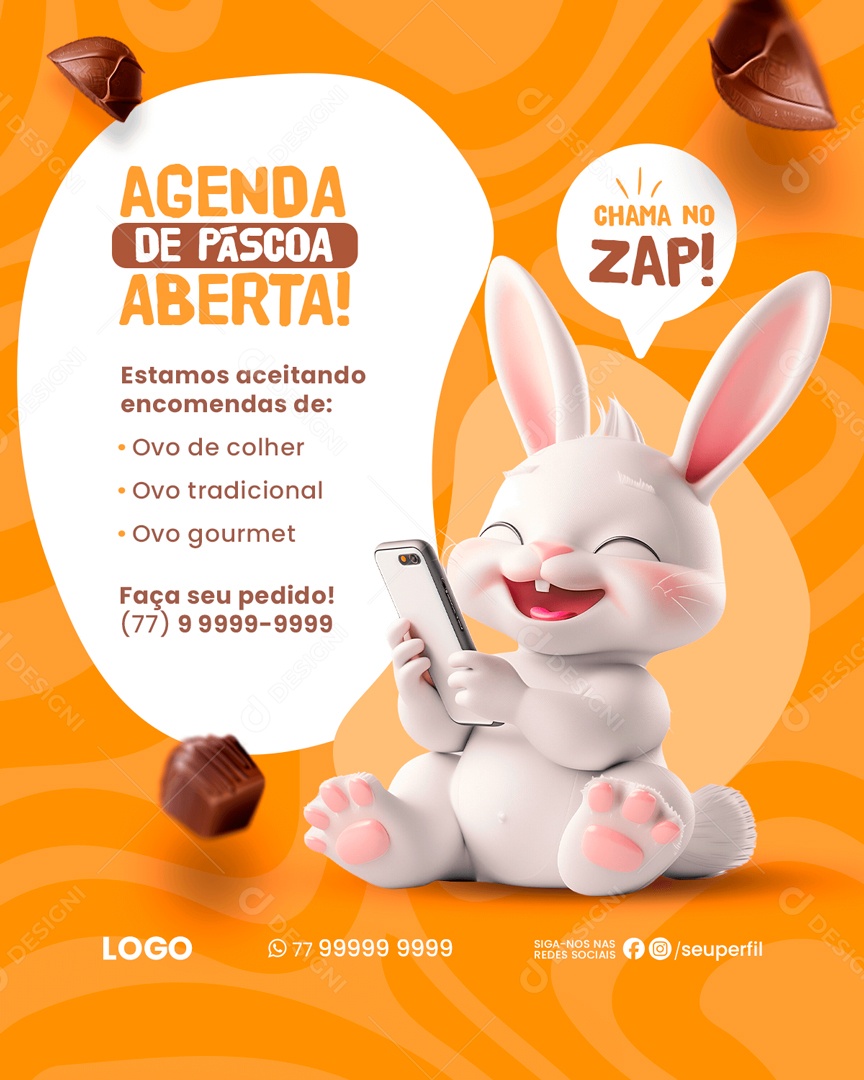 Agenda de Páscoa Aberta Estamos Aceitando Encomendas Chama no Zap Social Media PSD Editável