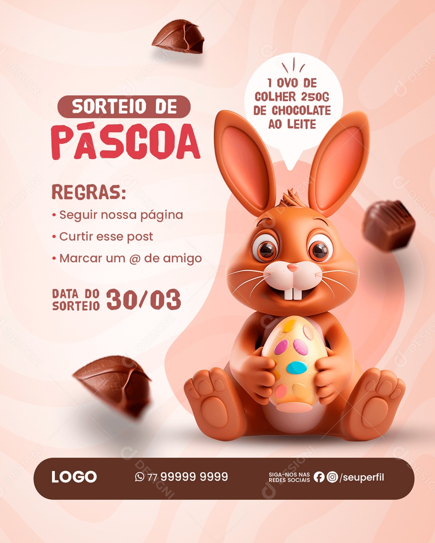 Sorteio de Páscoa 1 Ovo de Colher 250G de Chocolate ao Leite Social Media PSD Editável