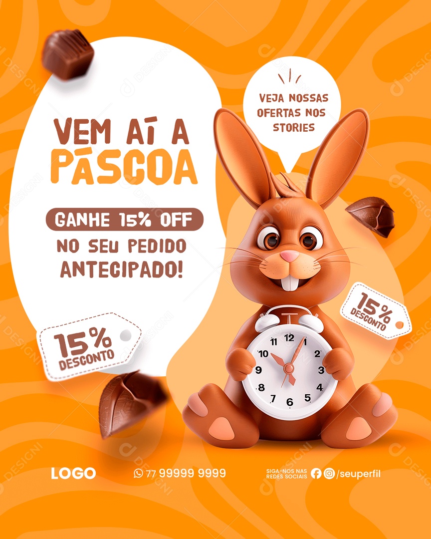 Vem aí a Páscoa Ganhe 15% OFF no seu Pedido Antecipado Social Media PSD Editável