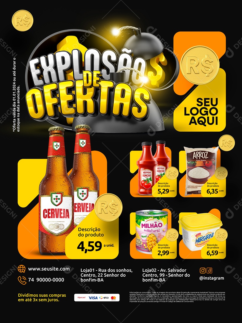 Explosão de Ofertas Supermercado Encarte Cerveja Arroz Milho Social Media PSD Editável