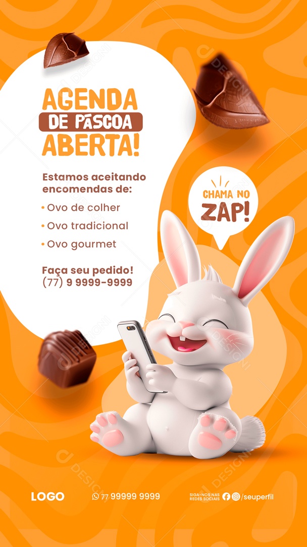Story Agenda de Páscoa Aberta Estamos Aceitando Encomendas Chama no Zap Social Media PSD Editável