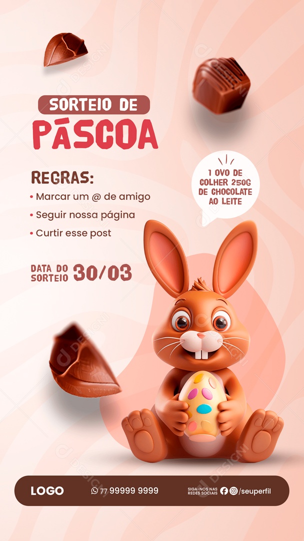 Story Sorteio de Páscoa 1 Ovo de Colher 250G de Chocolate ao Leite Social Media PSD Editável