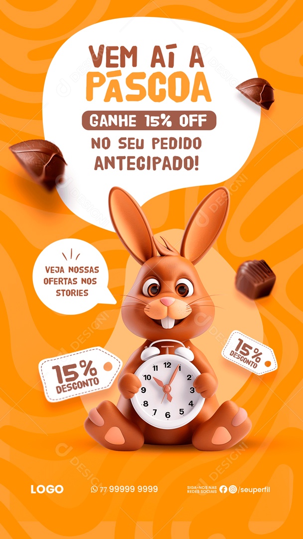 Story Vem aí a Páscoa Ganhe 15% OFF no seu Pedido Antecipado Social Media PSD Editável