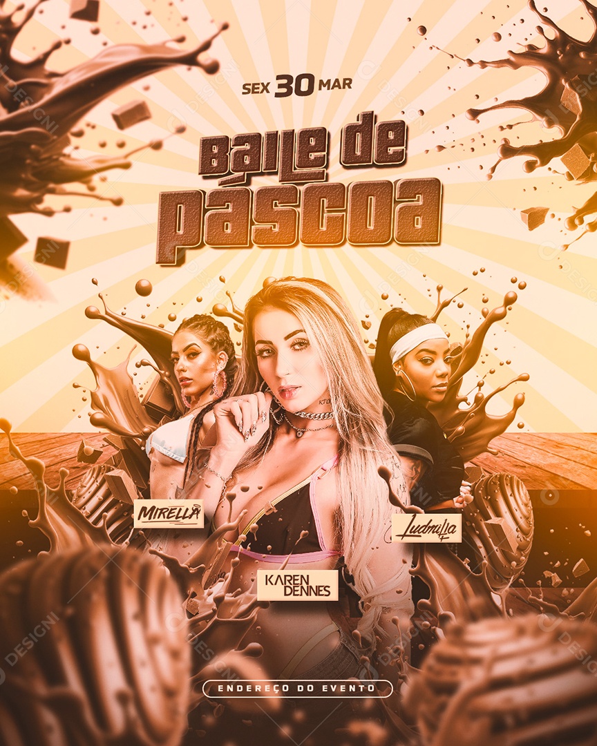 Flyer Baile de Páscoa Mc Mirella Karen Mendes Ludmilla Social Media PSD Editável
