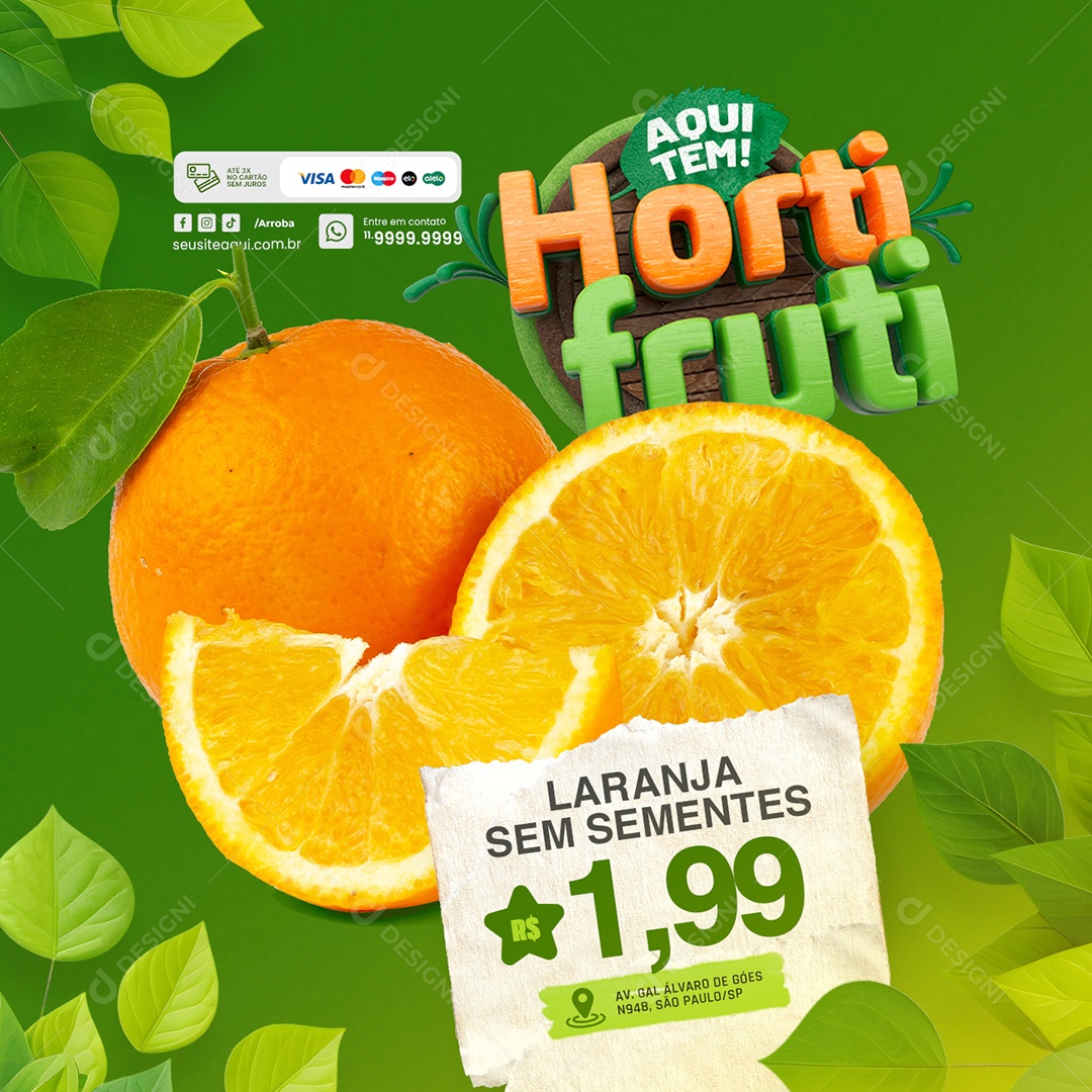 Hortifruti Laranja sem Sementes Social Media PSD Editável