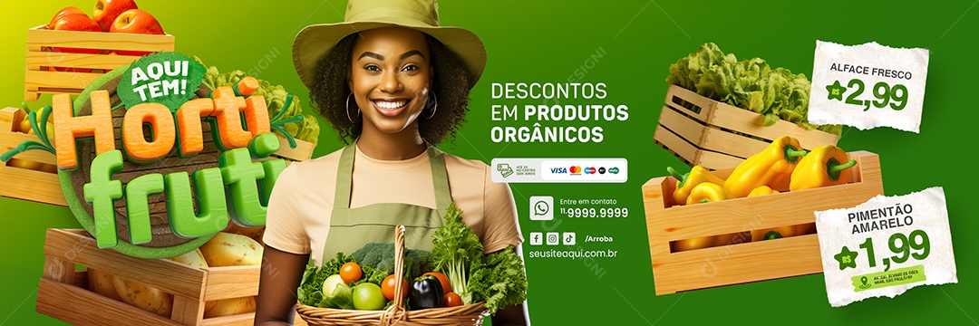 Banner Hortifruti Alface Fresco Pimentão Amarelo Social Media PSD Editável
