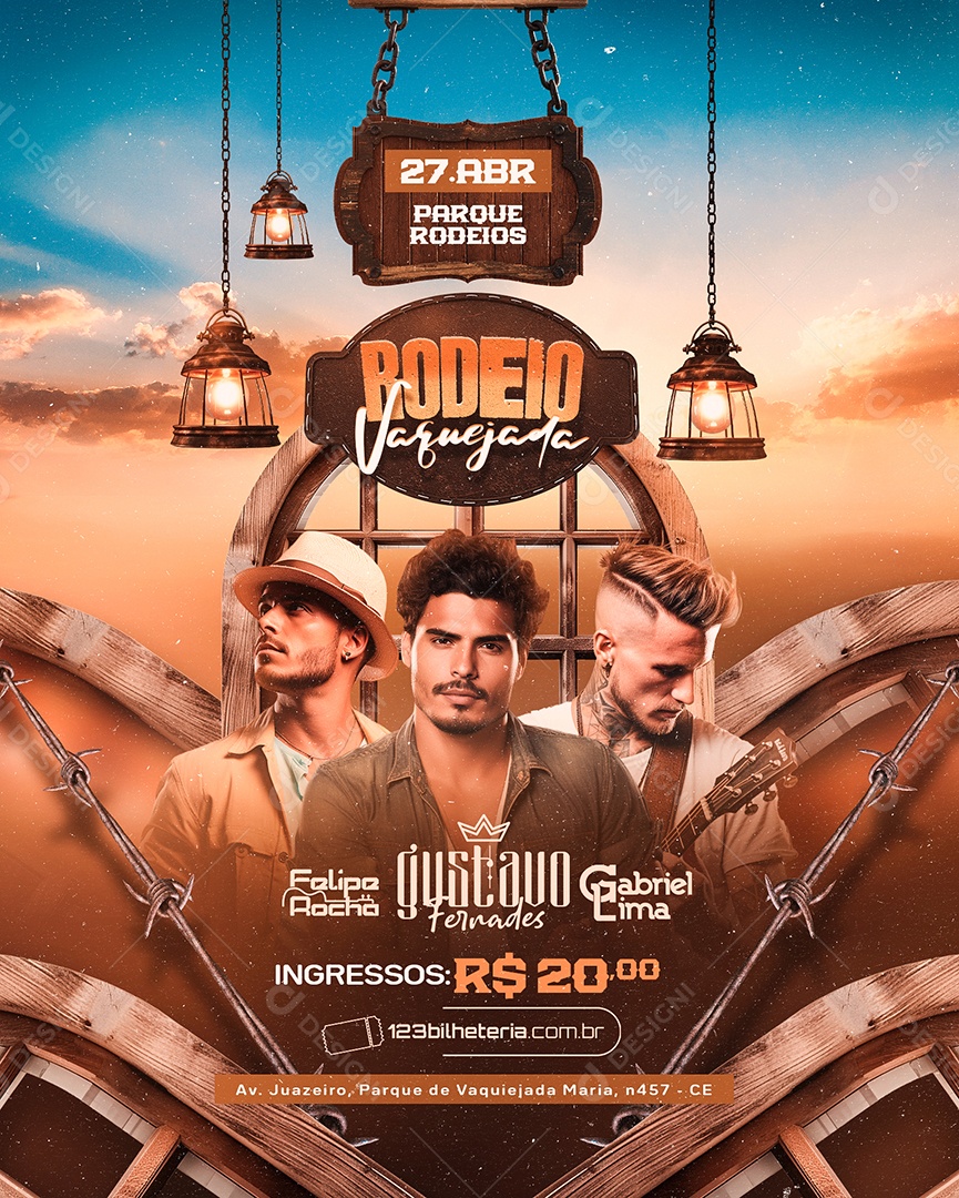 Flyer Rodeio Vaquejada Felipe Rocha Gustavo Fernades Social Media PSD Editável