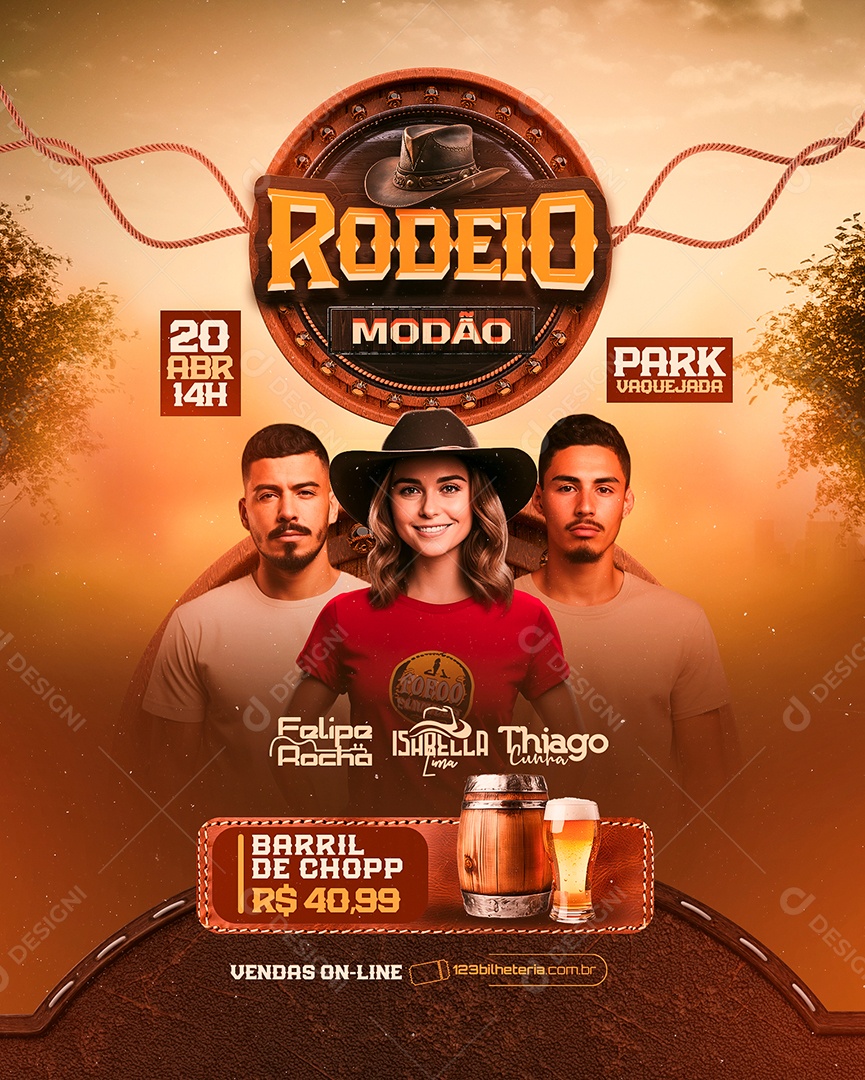 Flyer Rodeio Modão Felipe Rocha Isabella Lima Thiago Cunha Social Media PSD Editável
