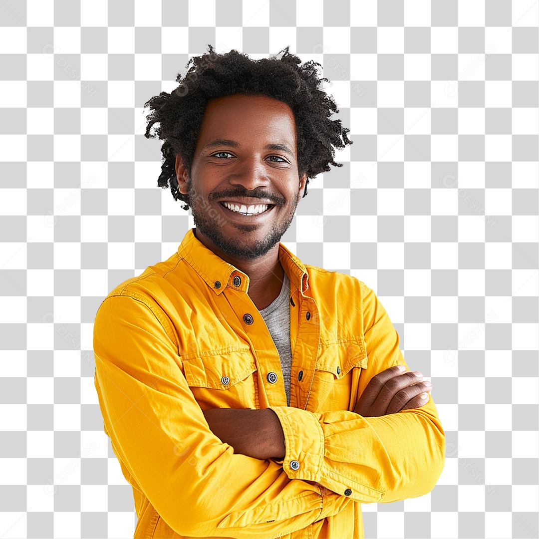 Homem de Roupa Amarela com os Braços Cruzados Sorrindo PNG Transparente